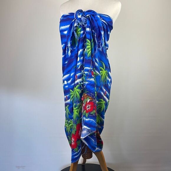 Casual Movements Women's Aloha Fringed Sarong Cover-up Swimwear Blue 56” x 42” - Picture 4 of 10